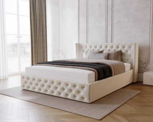 Łóżko Chester z aksamitnego weluru 200x200 eleganckie w stylu chesterfield z pojemnikiem na pościel