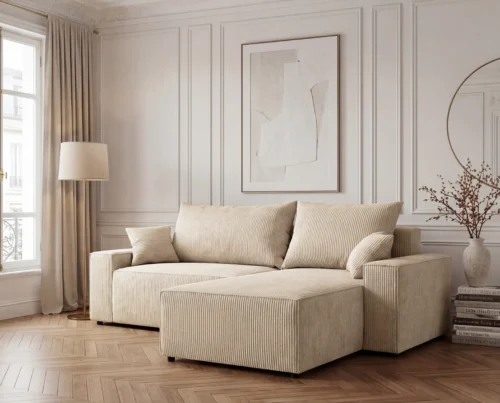 Narożnik L z funkcją spania i pojemnikiem Cord sztruks beżowy