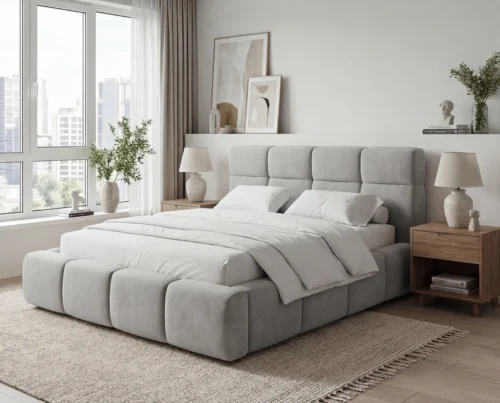 Łóżko tapicerowane z pojemnikiem na pościel Verso 140×200 jasnoszary