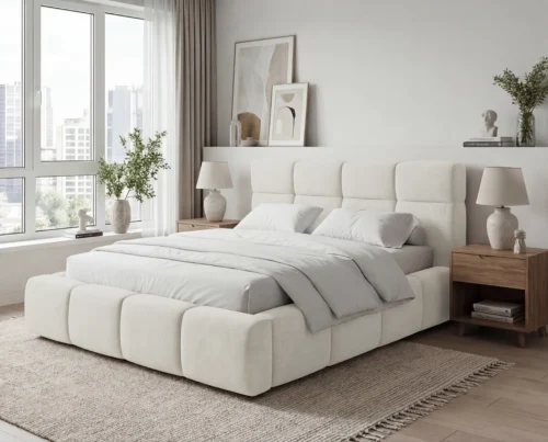 Łóżko tapicerowane z pojemnikiem na pościel Verso 140×200 kremowy