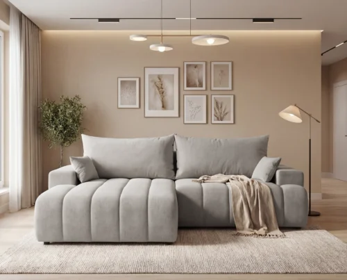 Narożnik L z funkcją spania i pojemnikiem Bueno lewostronny jasnoszary