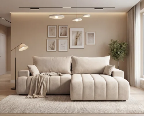 Narożnik L z funkcją spania i pojemnikiem Bueno prawostronny beżowy