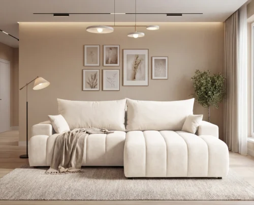 Narożnik L z funkcją spania i pojemnikiem Bueno prawostronny kremowy