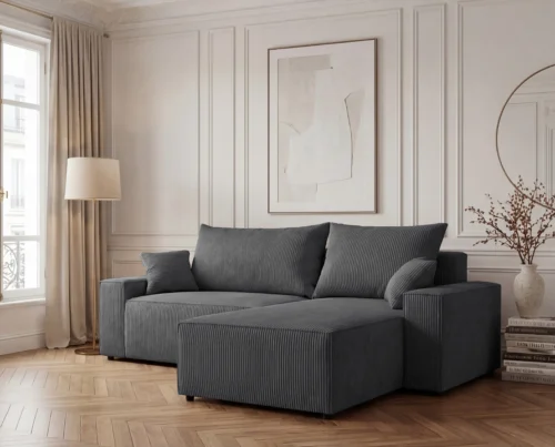 Narożnik L z funkcją spania i pojemnikiem Cord sztruks antracyt