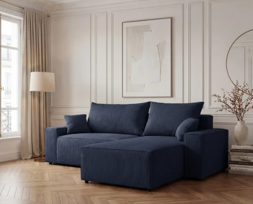 Narożnik L z funkcją spania i pojemnikiem Cord sztruks granatowy