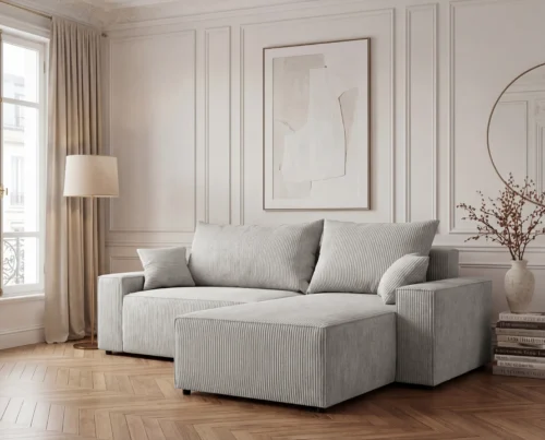 Narożnik L z funkcją spania i pojemnikiem Cord sztruks jasnoszary