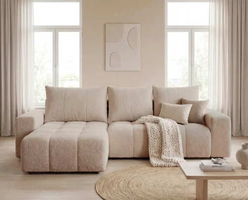 Narożnik L z pojemnikiem na pościel i funckją spania Boho uniwersalny beżowy