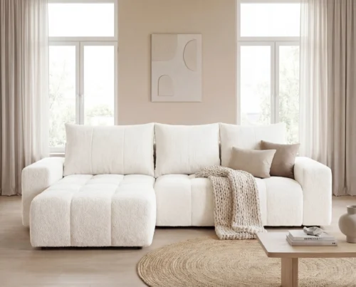 Narożnik L z pojemnikiem na pościel i funckją spania Boho uniwersalny biały