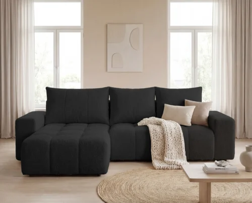 Narożnik L z pojemnikiem na pościel i funckją spania Boho uniwersalny czarny