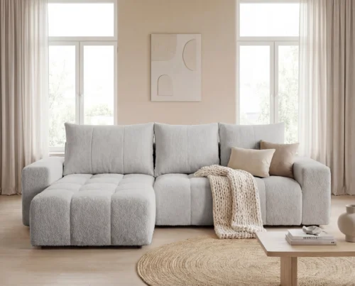 Narożnik L z pojemnikiem na pościel i funckją spania Boho uniwersalny jasnoszary