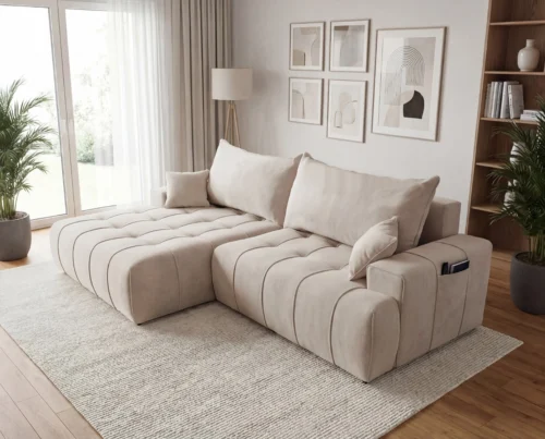 Nowoczesny narożnik z funkcją spania, pojemnikiem i kieszonką na boczkach Capri lewostronny beżowy