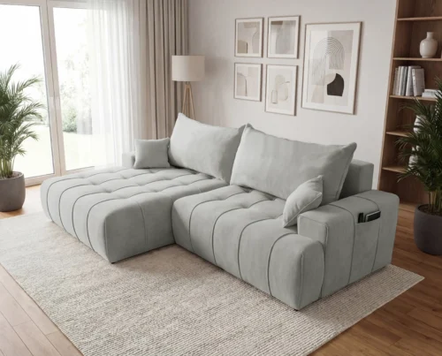 Nowoczesny narożnik z funkcją spania, pojemnikiem i kieszonką na boczkach Capri lewostronny jasnoszary