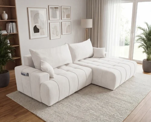 Nowoczesny narożnik z funkcją spania, pojemnikiem i kieszonką na boczkach Capri prawostronny kremowy