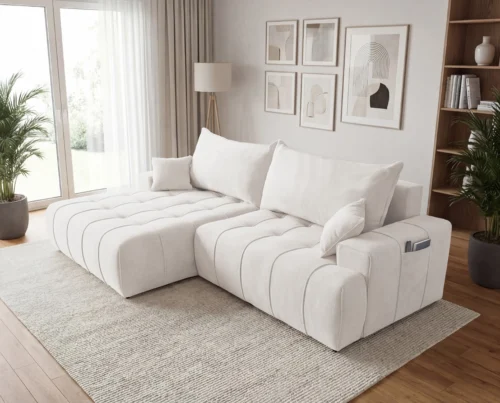 Nowoczesny narożnik z funkcją spania, pojemnikiem i kieszonką na boczkach Capri lewostronny kremowy