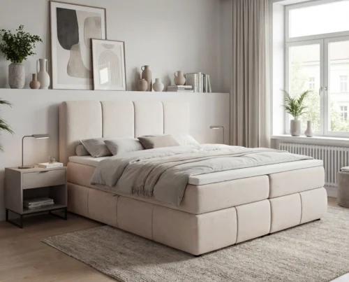 Łóżko kontynentalne 180x200 z pojemnikami na pościel i materacem Venice beżowy