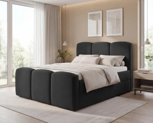 Łóżko kontynentalne 160x200 z pojemnikami na pościel i materacem Cleo czarny