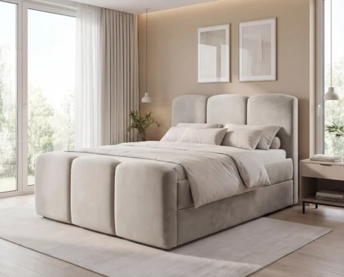 Łóżko kontynentalne 160x200 z pojemnikami na pościel i materacem Cleo jasnoszary