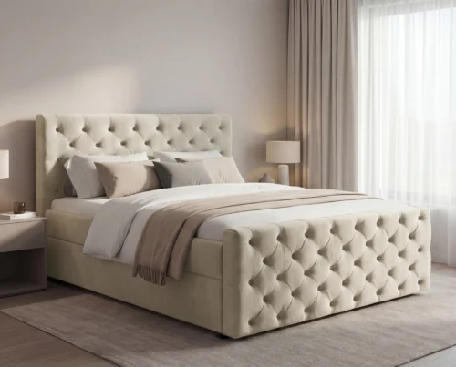 Łóżko kontynentalne 140x200 z pojemnikami na pościel i materacem Manchester pikowane beżowy