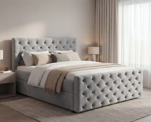 Łóżko kontynentalne 140x200 z pojemnikami na pościel i materacem Manchester pikowane jasnoszary