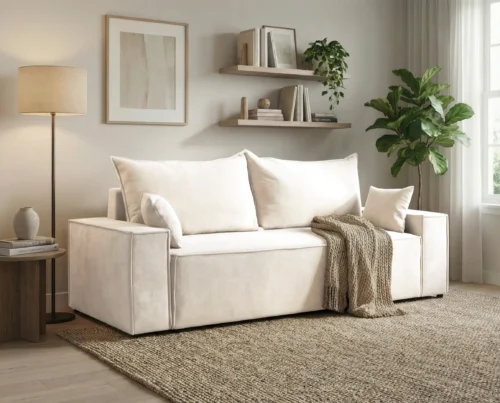 Sofa trzyosobowa z funkcją spania i pojemnikiem Logan kremowy