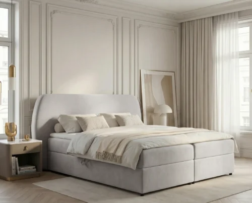 Łóżko kontynentalne 180x200 z pojemnikami na pościel i materacem Bloom jasnoszary