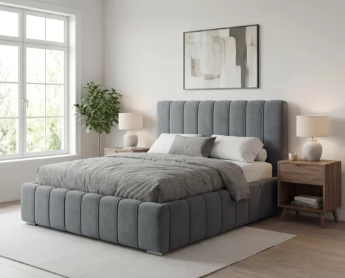 Łóżko tapicerowane z pojemnikiem i stelażem metalowym Porto 160x200 ciemnoszary