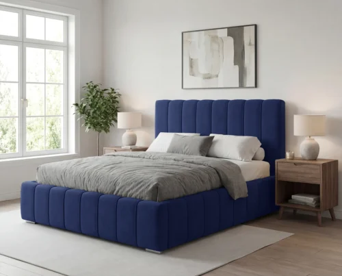 Łóżko tapicerowane z pojemnikiem i stelażem metalowym Porto 160x200 granatowy