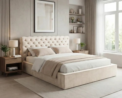 Łóżko tapicerowane z pojemnikiem i stelażem metalowym pod materac pikowane Apollo 160x200 beżowy