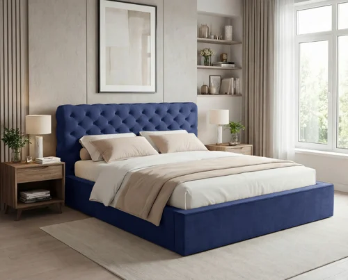 Łóżko tapicerowane z pojemnikiem i stelażem metalowym pod materac pikowane Apollo 160x200 granatowy