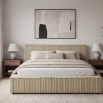 Lozko-tapicerowane-w-tkaninie-sztruks-z-pojemnikiem-i-stelazem-Leo-bezowy4