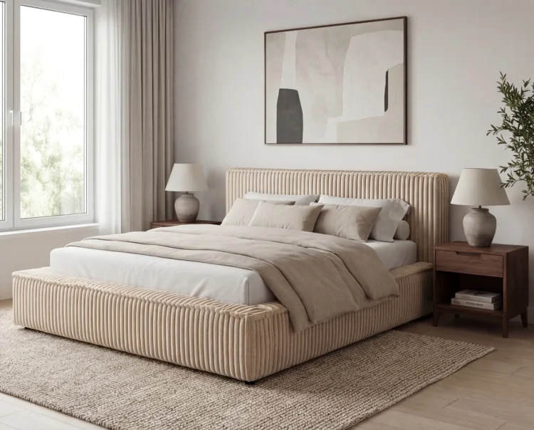 Lozko-tapicerowane-w-tkaninie-sztruks-z-pojemnikiem-i-stelazem-Leo-bezowy7