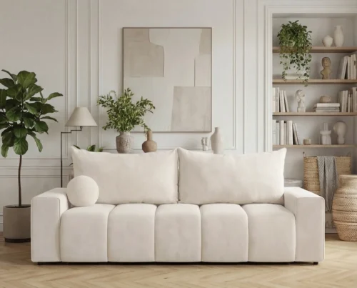 Sofa trzyosobowa z funkcją spania i pojemnikiem Vena kremowy