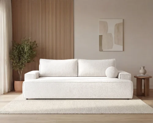 Sofa trzyosobowa z funkcją spania i pojemnikiem Ines kremowy